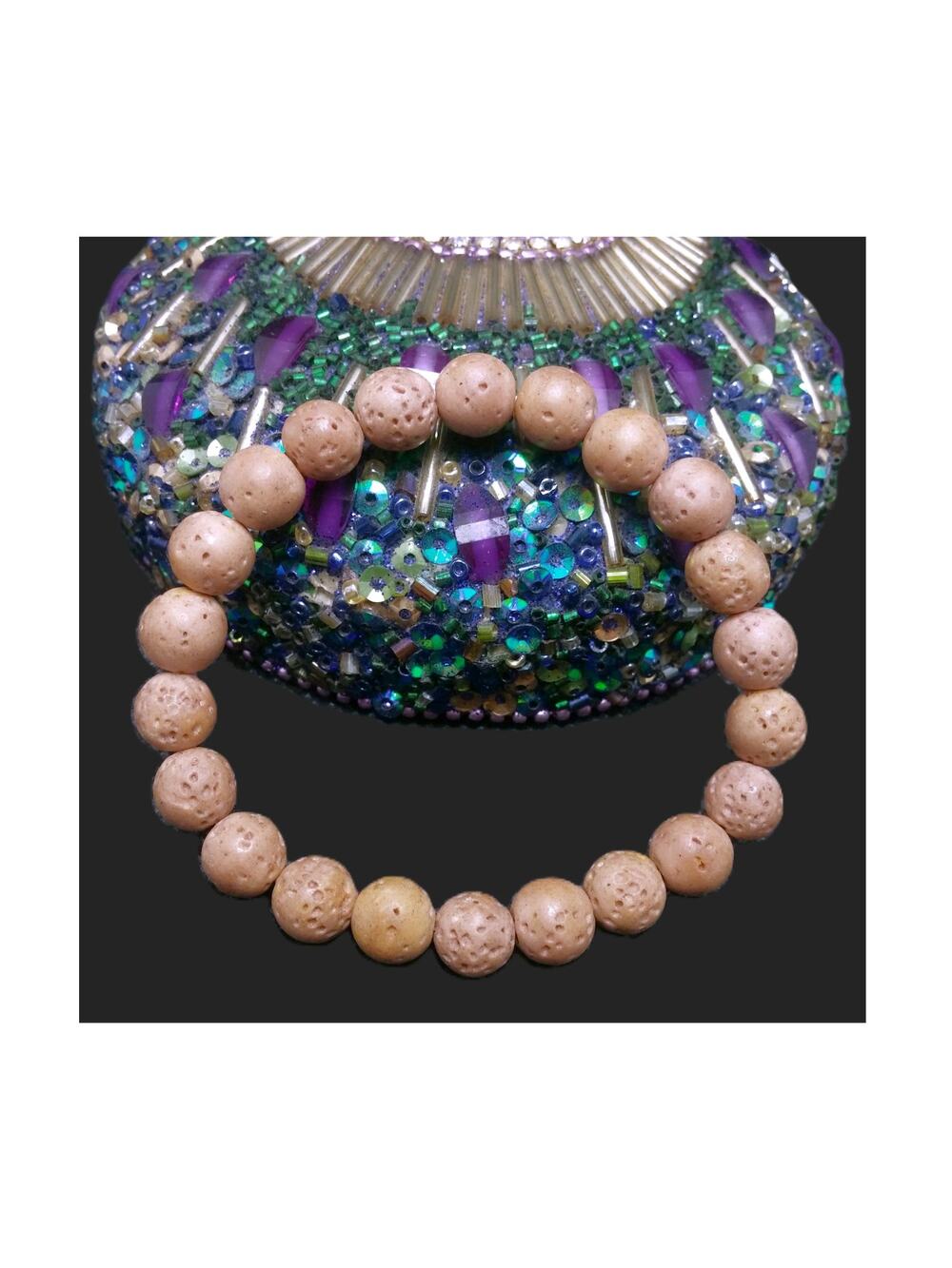 Artisan Unisex Diffuser Bracelet Beaded Tan Tone Lava Stone Aromatherapy Stretch